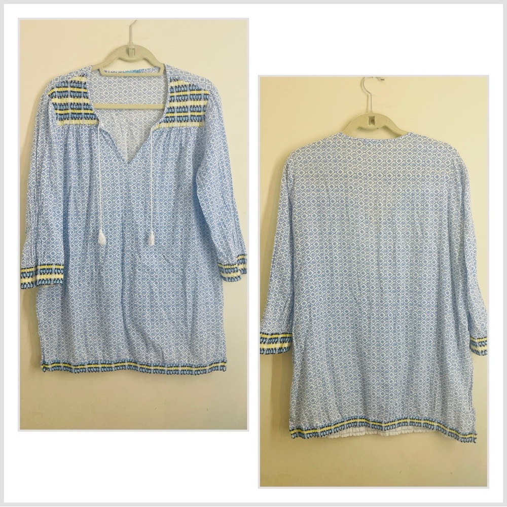 J. McLaughlin Paget Embroidered Tassel Tunic Top Blue & Yellow size XL